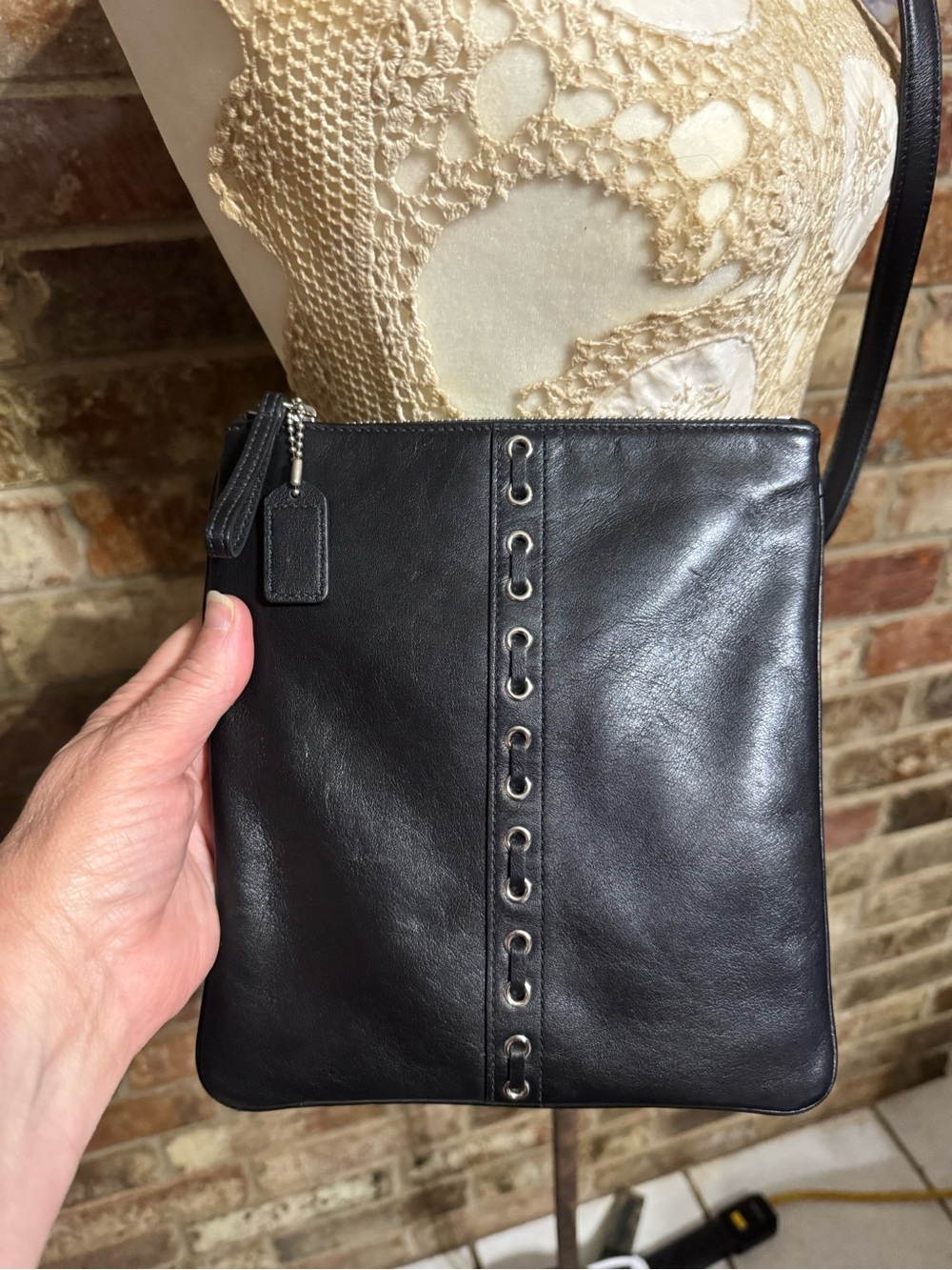 Coach Black Leather Messenger Crossbody with Eyelet Trim